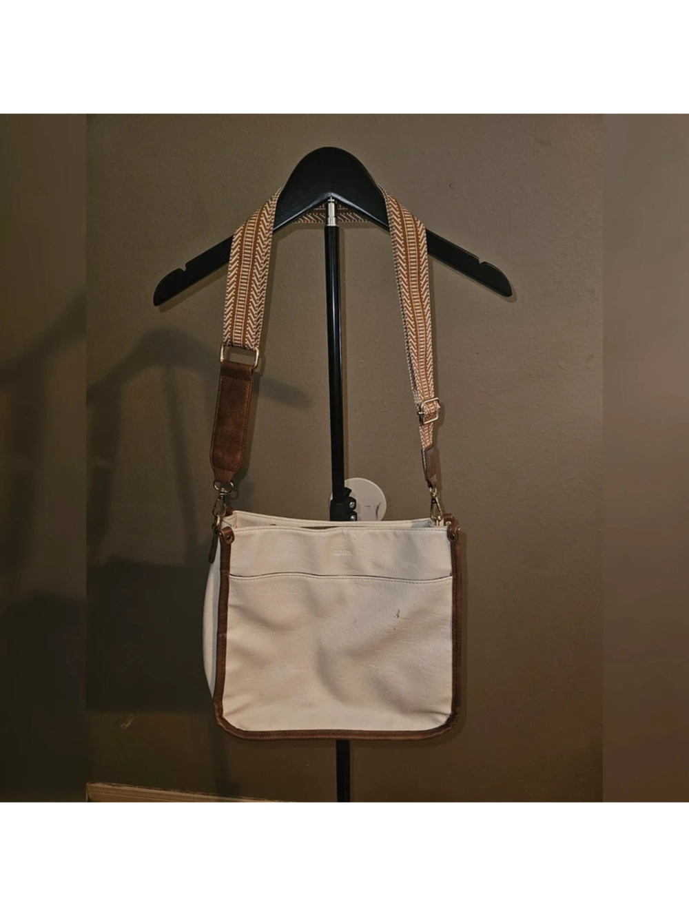 Glisow White Faux Leather Crossbody Bag Brown Trim Woven Strap Zip Purse